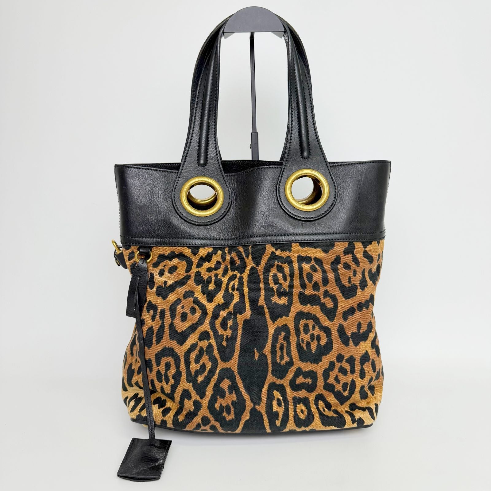 Saint Laurent Leopard Eyelet Handbag Calf Hair Leather Brown Black Gold Vintage — view 3