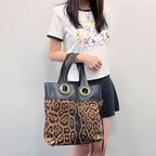 Saint Laurent Leopard Eyelet Handbag Calf Hair Leather Brown Black Gold Vintage
