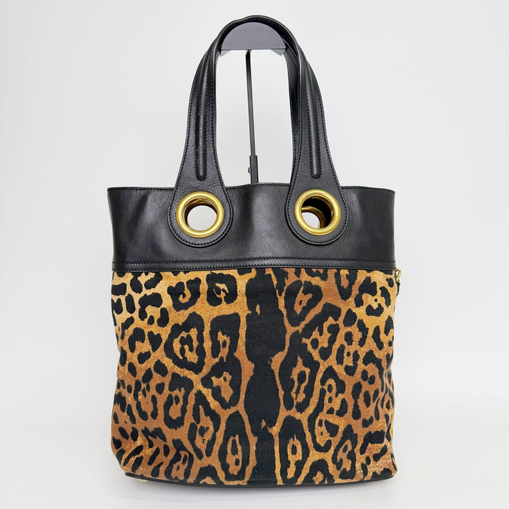 Saint Laurent Leopard Eyelet Handbag Calf Hair Leather Brown Black Gold Vintage — view 4