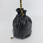 Chanel Quilted Drawstring Chain Shoulder Bag Lambskin Black Gold Vintage — view 6