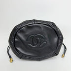 Chanel Quilted Drawstring Chain Shoulder Bag Lambskin Black Gold Vintage — view 8
