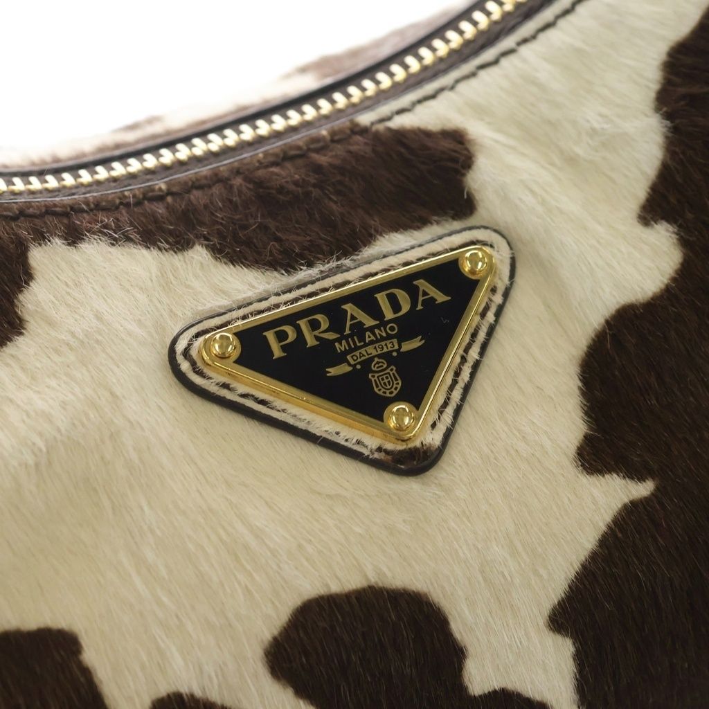 Prada Eme Cow Pattern Calf Hair Leather Oneshoulder White Brown Handbag — view 6