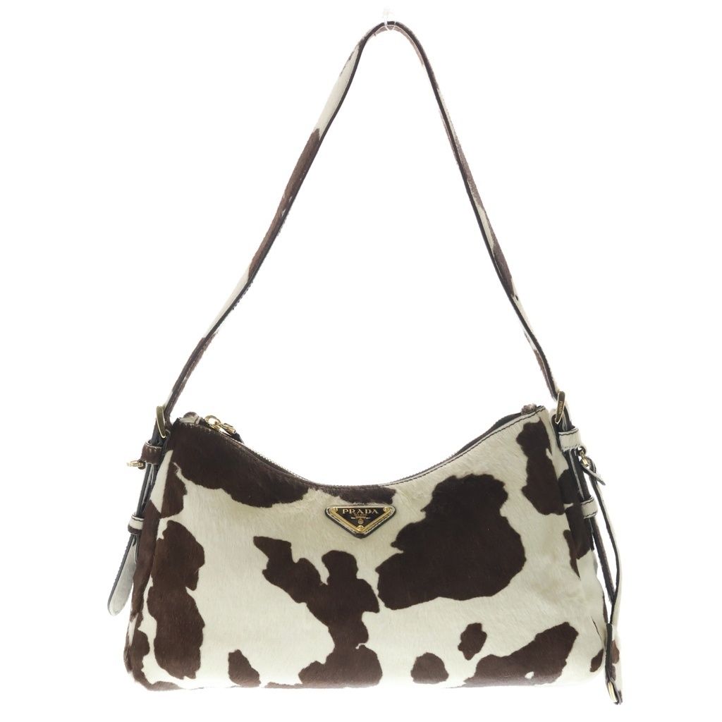 Prada Eme Cow Pattern Calf Hair Leather Oneshoulder White Brown Handbag