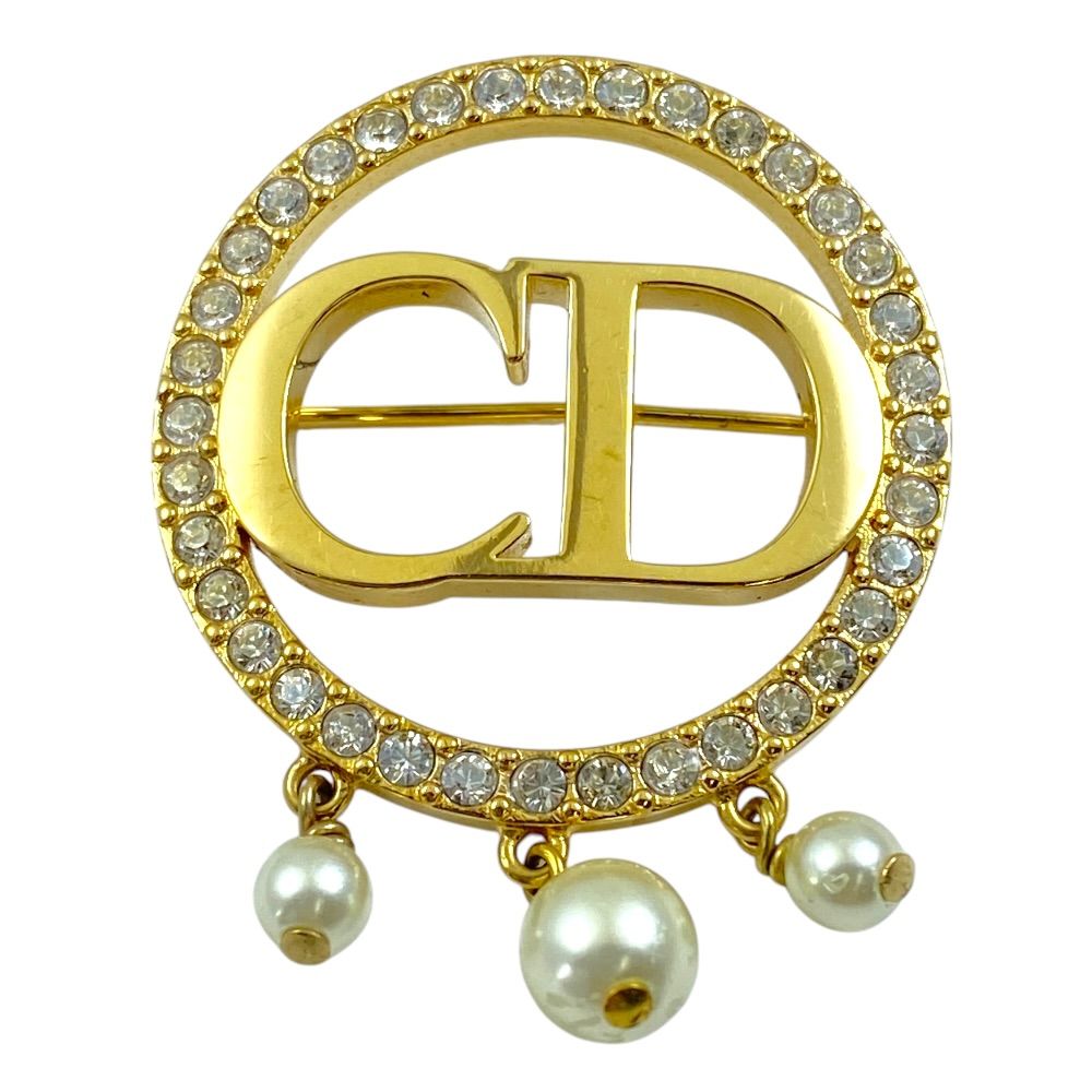 Dior Clair D Lune de Brooch Pin Metal Faux Pearl Rhinestone Gold Everyday