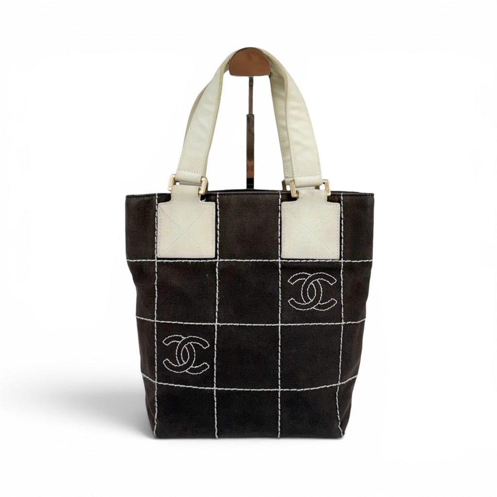 Chanel Wild Stitch Mini Tote CC Logo Black White Canvas Chocolate — view 3