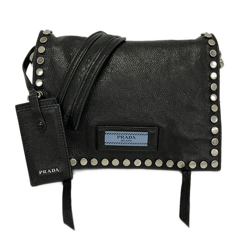 Prada Shoulder Bag Etiquette Black Studs Leather