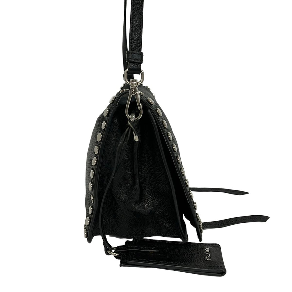Prada Shoulder Bag Etiquette Black Studs Leather — view 2