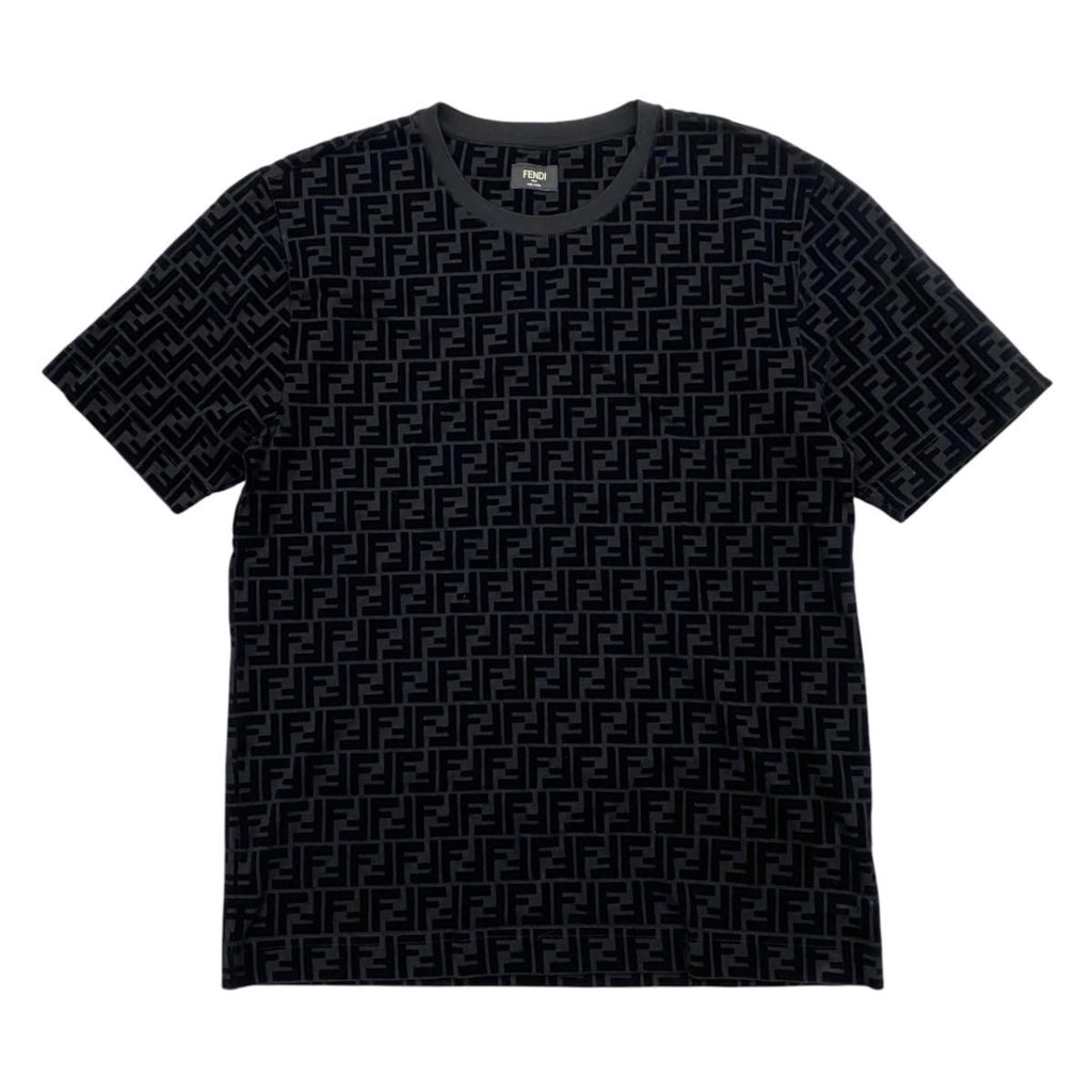 Fendi Short Sleeve T-Shirt FF Motif Crew Neck L Cotton Velour Logo Black
