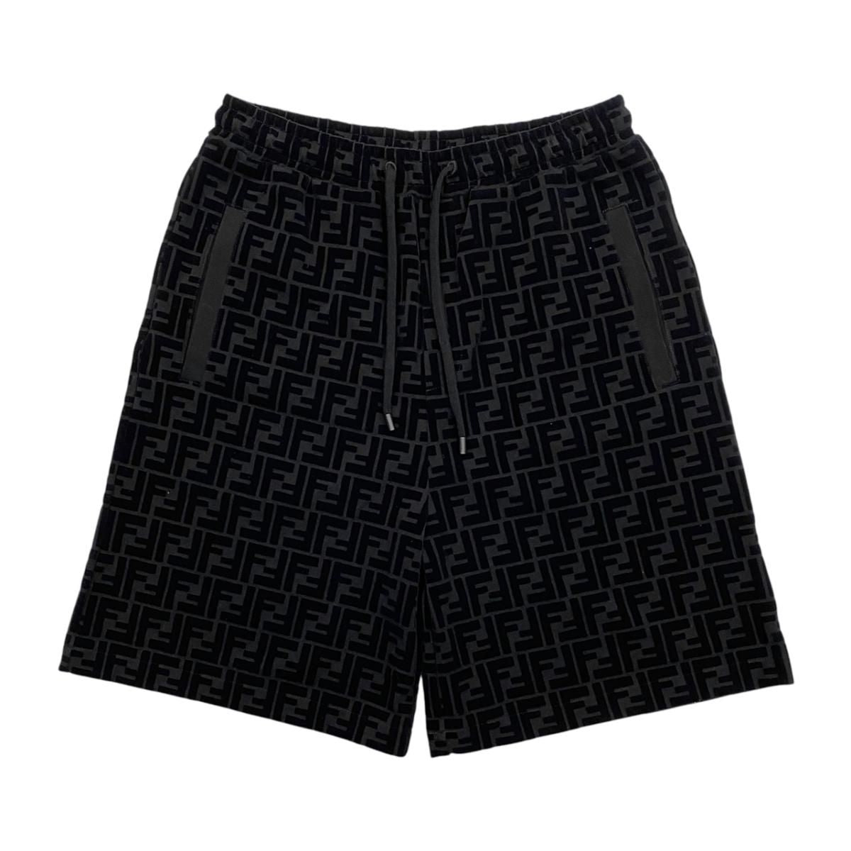 Fendi Shorts FF Motif 46 Cotton Velour Logo Black