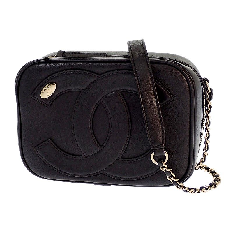 Chanel CC Logo Chain Shoulder Camera Bag Lambskin Black Gold