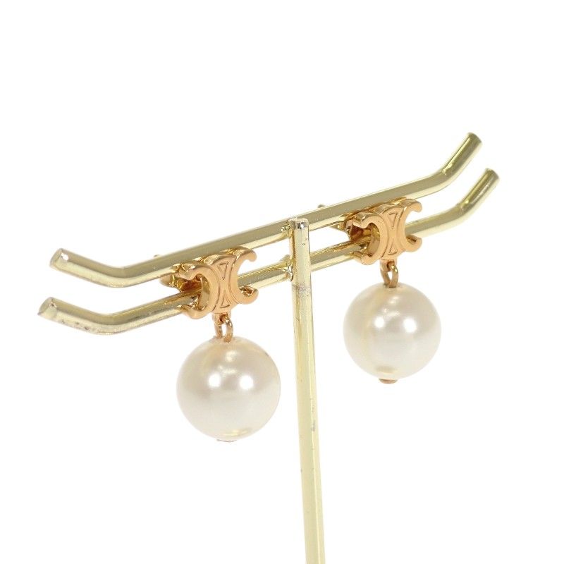 Celine Pearl Earrings Brass Gold White Both Ears Accessory Triomphe — view 4