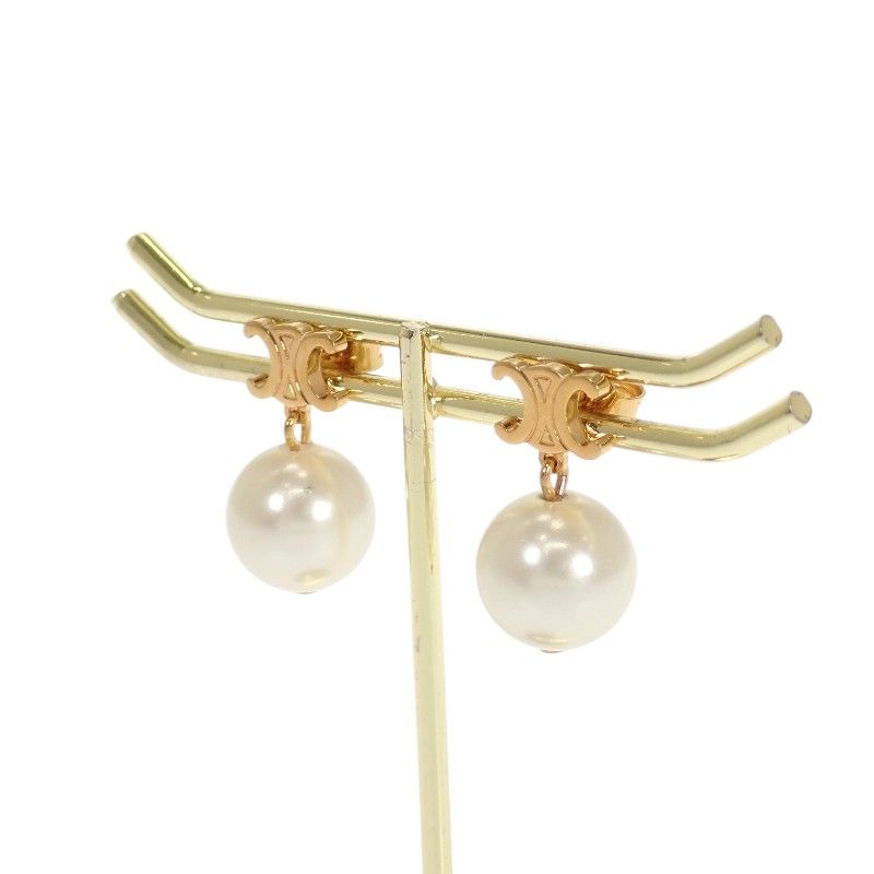 Celine Pearl Earrings Brass Gold White Both Ears Accessory Triomphe — view 3