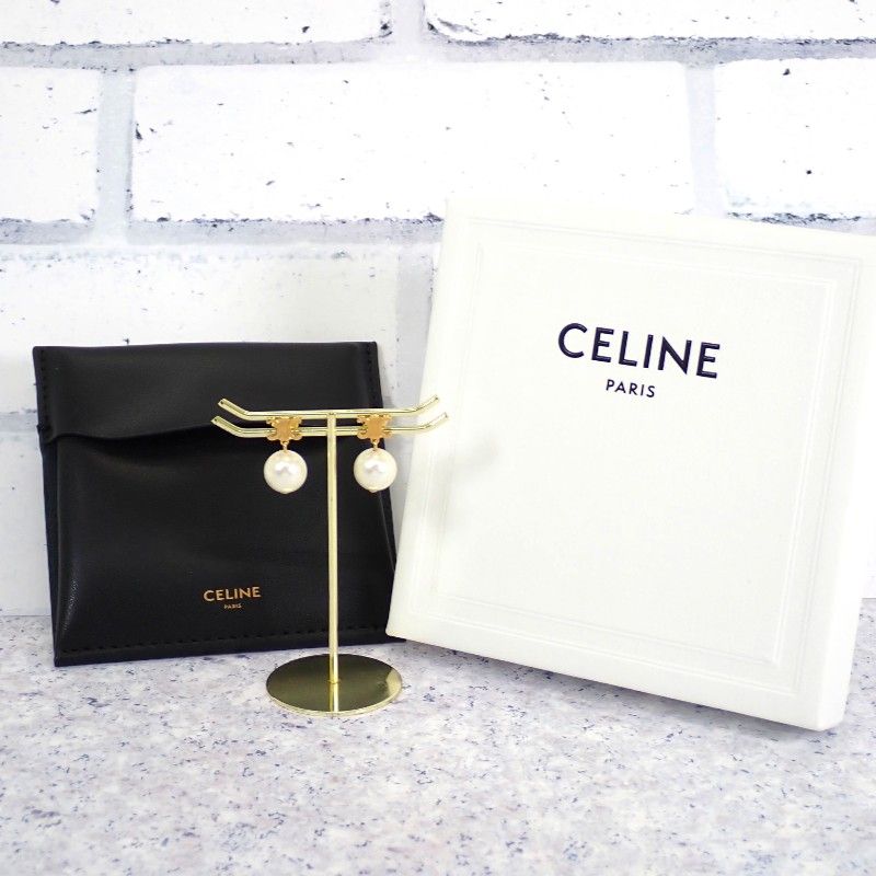 Celine Pearl Earrings Brass Gold White Both Ears Accessory Triomphe