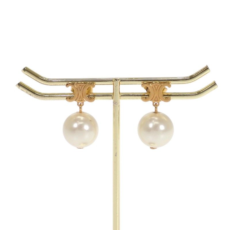 Celine Pearl Earrings Brass Gold White Both Ears Accessory Triomphe — view 2
