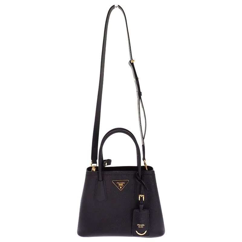 Prada Double Small Leather Doubre 2-Way Shoulder Bag Saffiano Black Gold — view 7