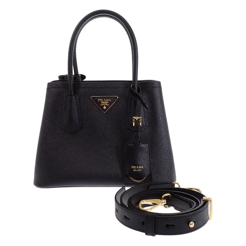 Prada Double Small Leather Doubre 2-Way Shoulder Bag Saffiano Black Gold