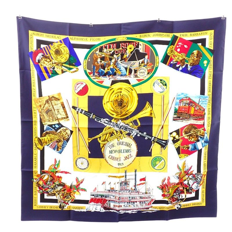 Hermes Carre 90 the Original New Orleans Creole Jazz Vintage Scarf Silk Navy