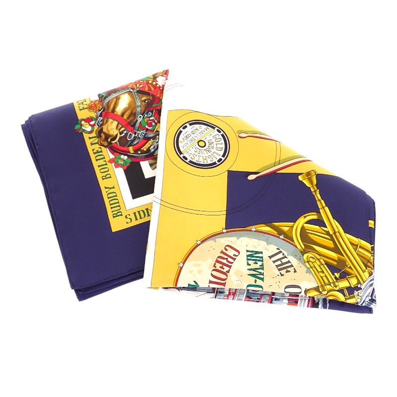 Hermes Carre 90 the Original New Orleans Creole Jazz Vintage Scarf Silk Navy — view 2