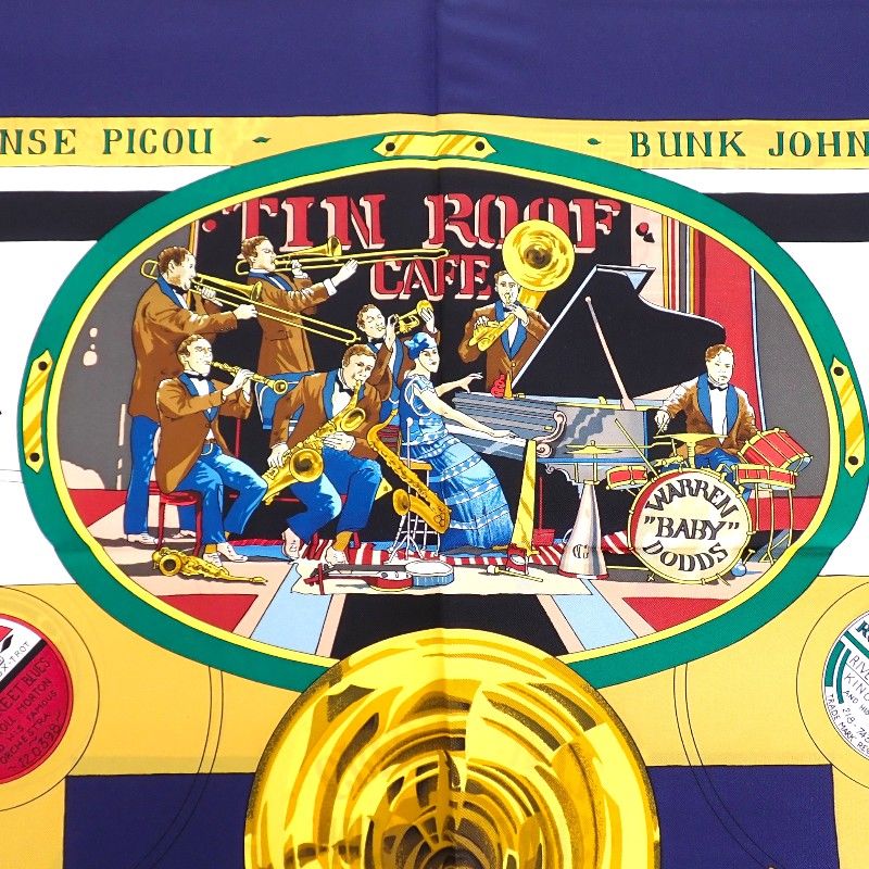 Hermes Carre 90 the Original New Orleans Creole Jazz Vintage Scarf Silk Navy — view 4