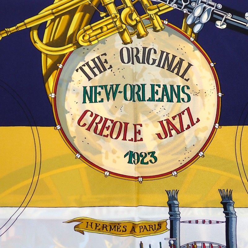 Hermes Carre 90 the Original New Orleans Creole Jazz Vintage Scarf Silk Navy — view 5