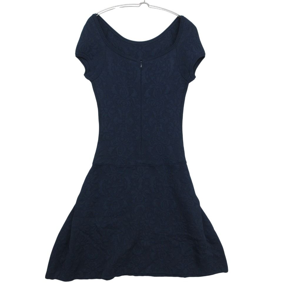 Chanel Dress Flower Jacquard Knit French Sleeve Flare a Line CC Logo Plate Navy — view 2