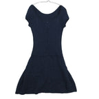 Chanel Dress Flower Jacquard Knit French Sleeve Flare a Line CC Logo Plate Navy — view 2