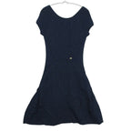 Chanel Dress Flower Jacquard Knit French Sleeve Flare a Line CC Logo Plate Navy