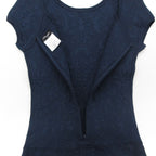 Chanel Dress Flower Jacquard Knit French Sleeve Flare a Line CC Logo Plate Navy — view 8