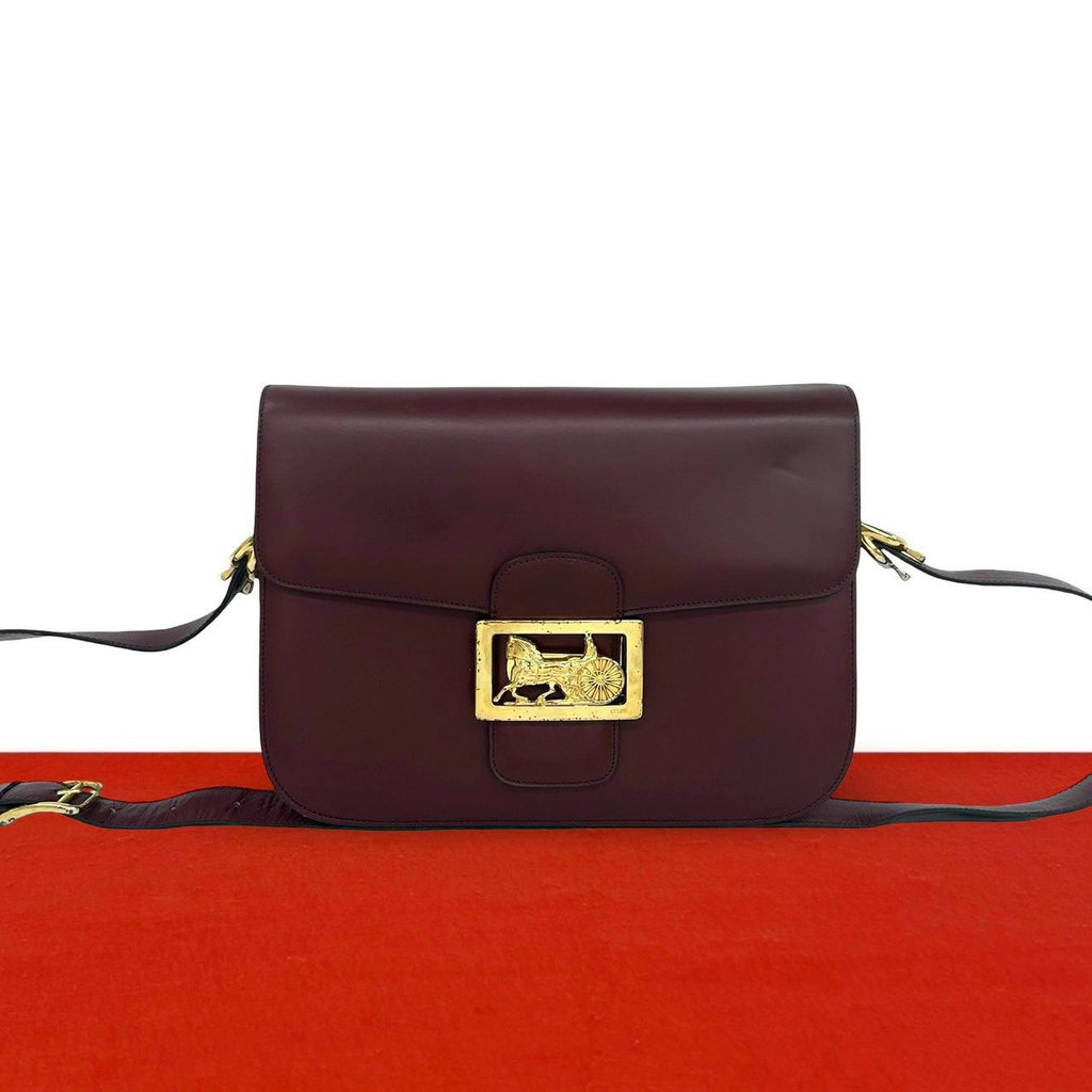 Celine Vintage Carriage Horse Logo Leather Shoulder Bag Wine