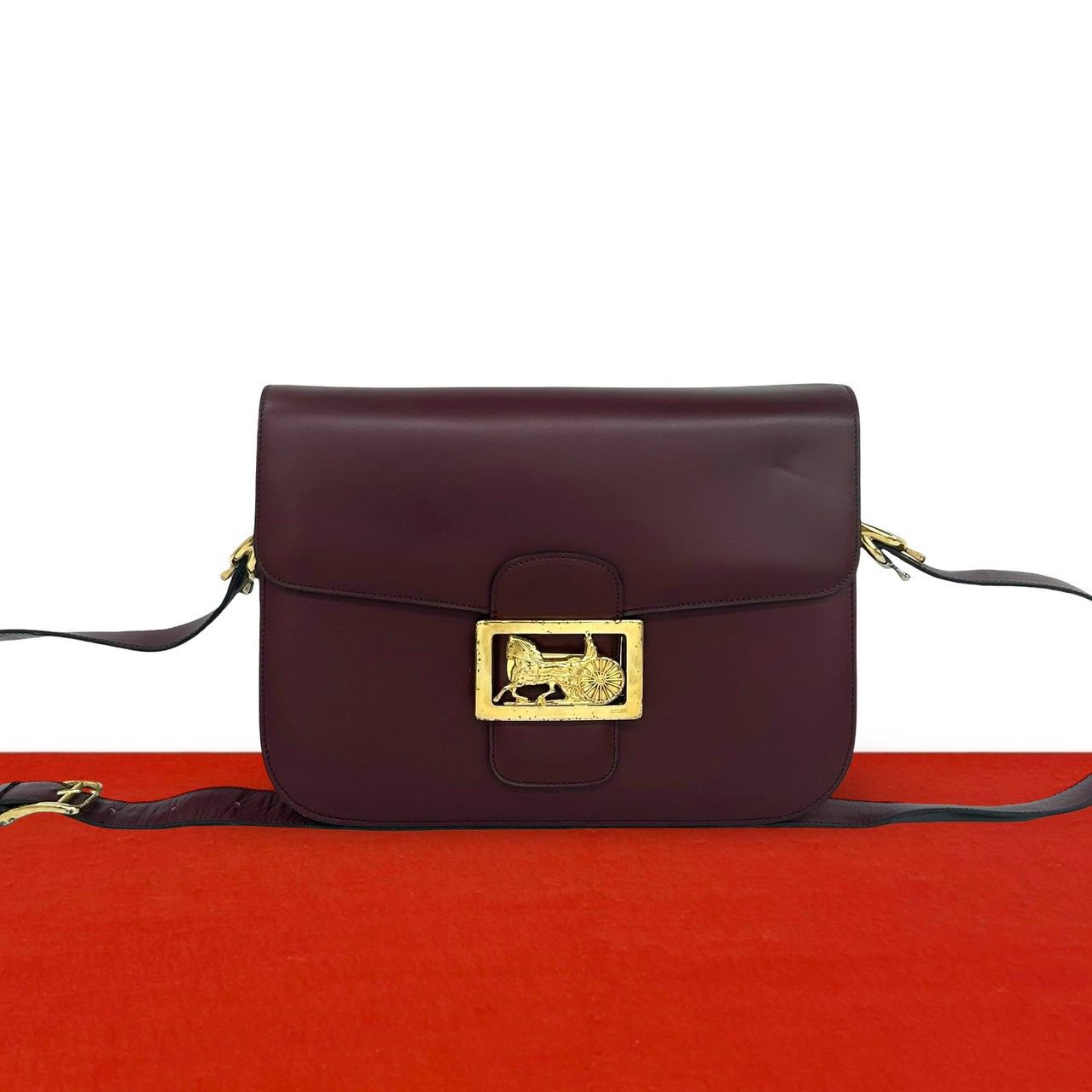 Celine Vintage Carriage Horse Logo Leather Shoulder Bag Wine