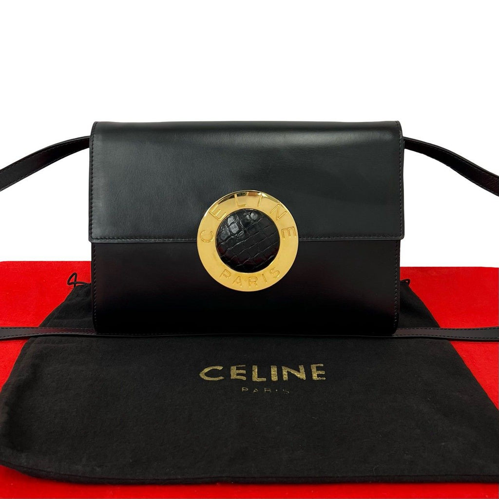 Celine Vintage Circle Logo Leather Shoulder Bag Pochette Sakosh Black