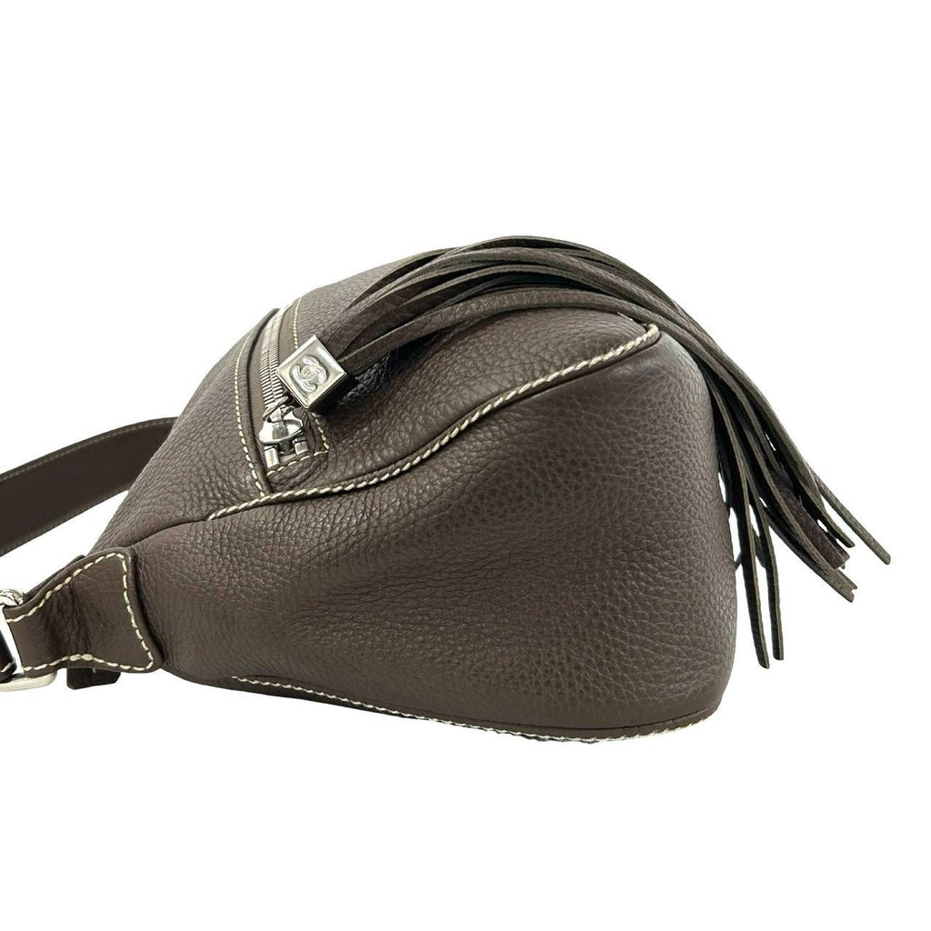 Chanel Seal 8 Logo Fringe Tassel Leather Shoulder Bag Tote Brown — view 5