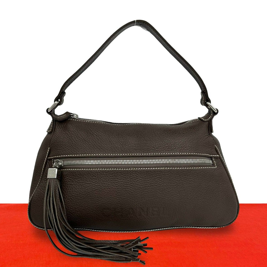 Chanel Seal 8 Logo Fringe Tassel Leather Shoulder Bag Tote Brown