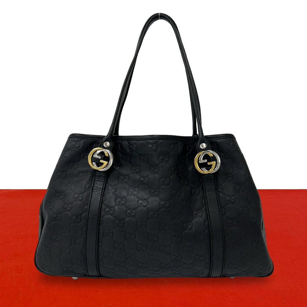 Gucci GG Twins Guccissima Leather Logo Tote Shoulder Bag Black