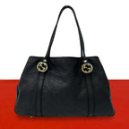 Gucci GG Twins Guccissima Leather Logo Tote Shoulder Bag Black