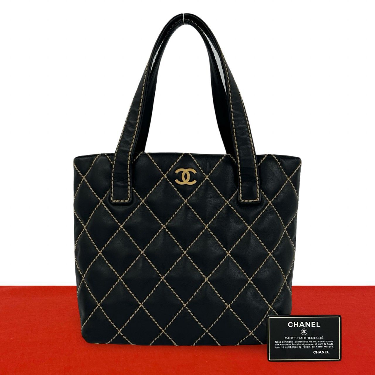 Chanel Card Seal 7 Wild Stitch Lambskin CC Logo Tote Black