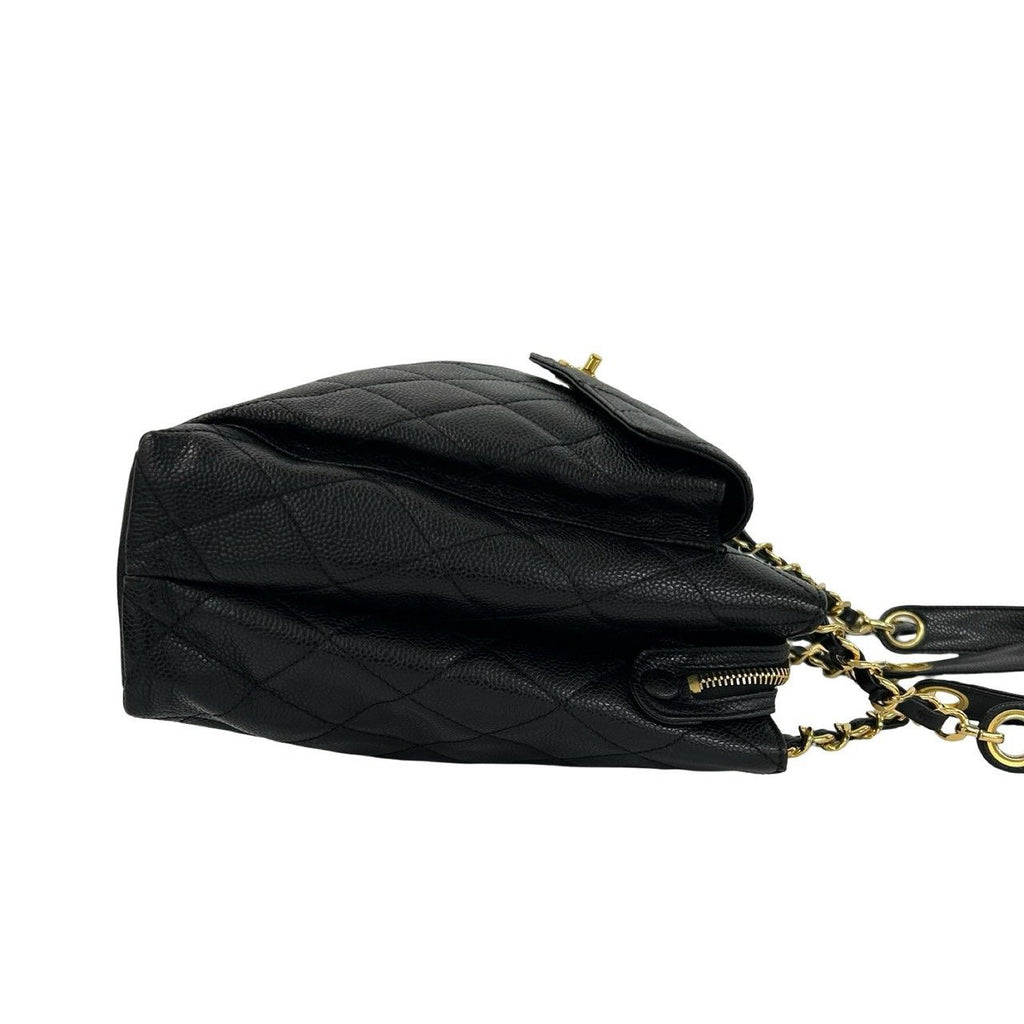 Chanel Card Quilted CC Logo Caviar Leather Tote Shoulder Bag Black — view 6