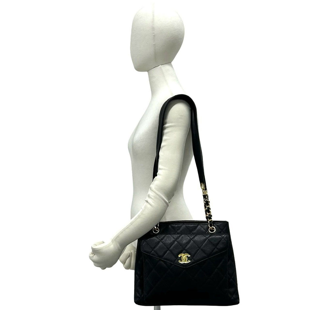Chanel Card Quilted CC Logo Caviar Leather Tote Shoulder Bag Black — view 2