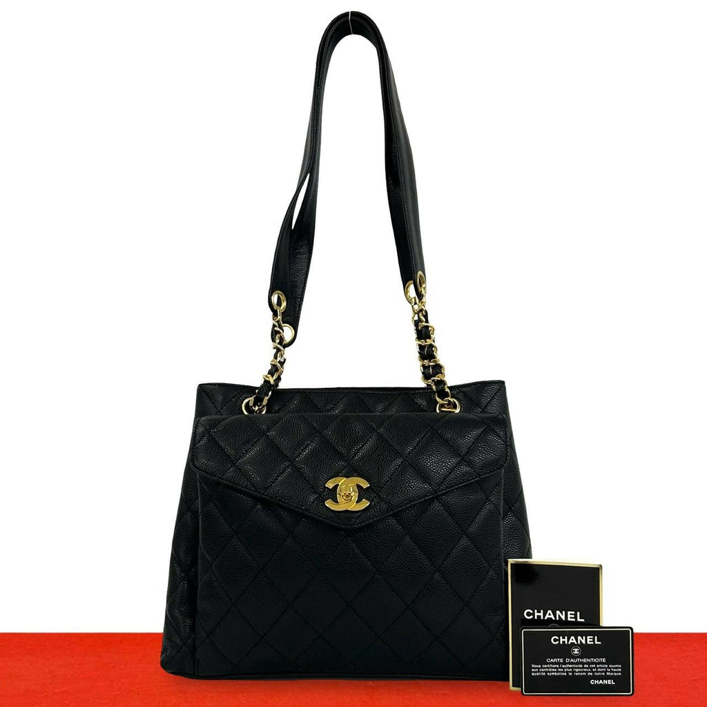 Chanel Card Quilted CC Logo Caviar Leather Tote Shoulder Bag Black