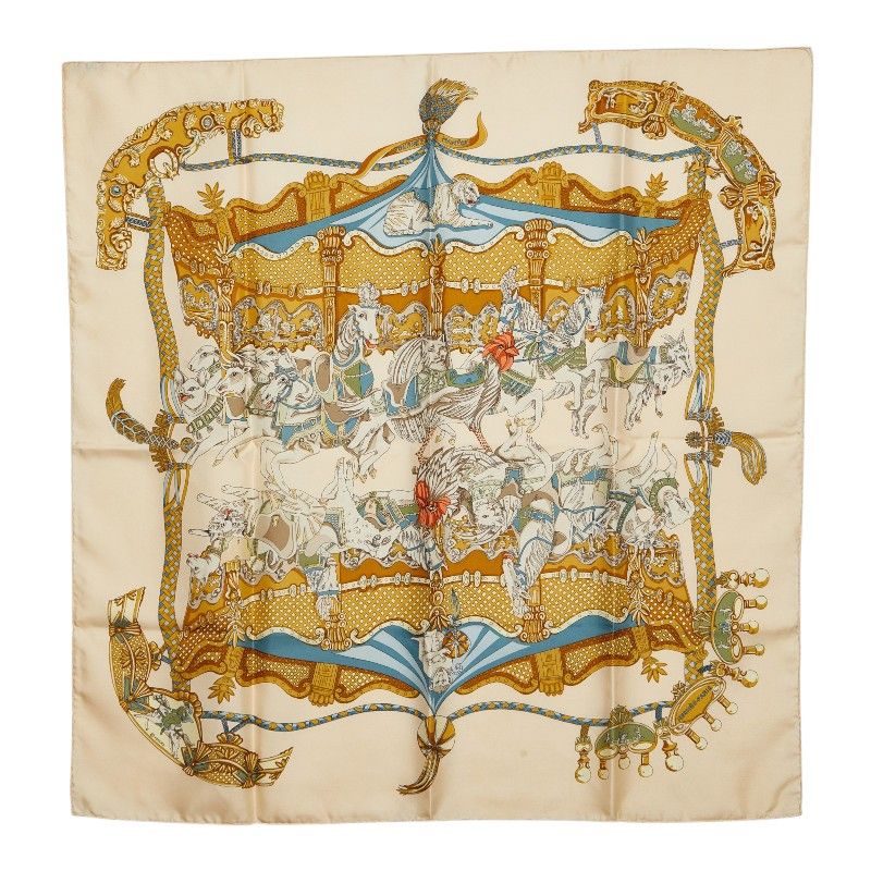 Hermes Carre 90 Tournez Manege Merry Go Round Scarf Large Ivory Multicolor Silk