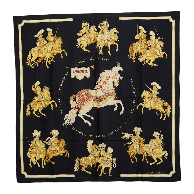 Hermes Carre 90 Carrousel Merry Go Round Scarf Large Black Gold Silk