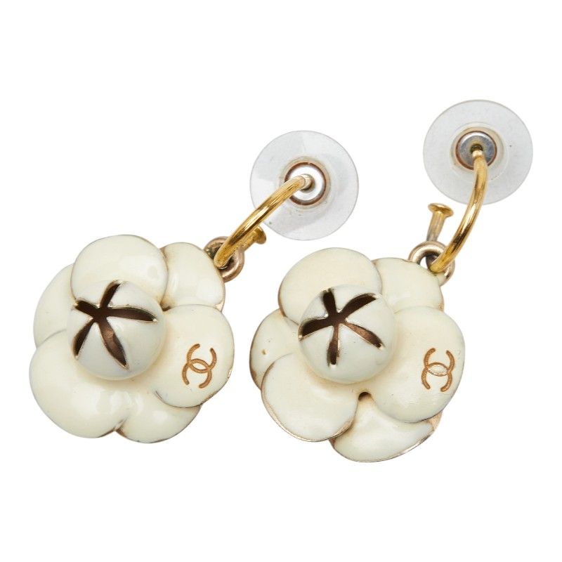 Chanel CC Logo Camellia Swing Earrings 02 White Plated