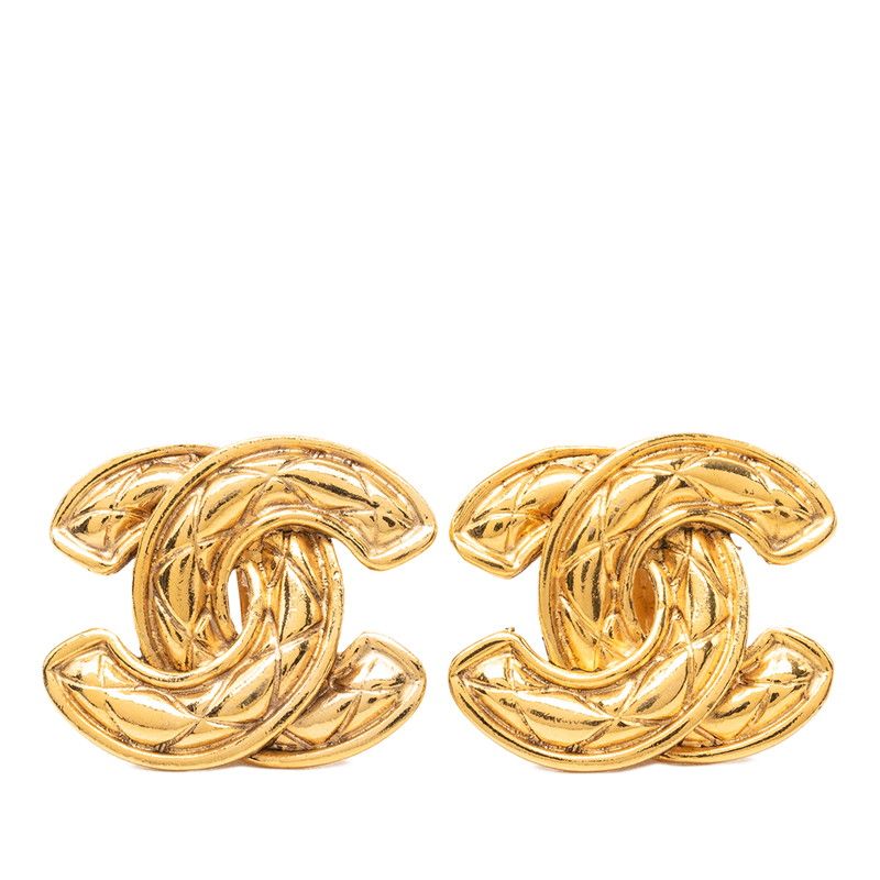 Chanel Vintage Quilted CC Logo Earrings Gold Plated