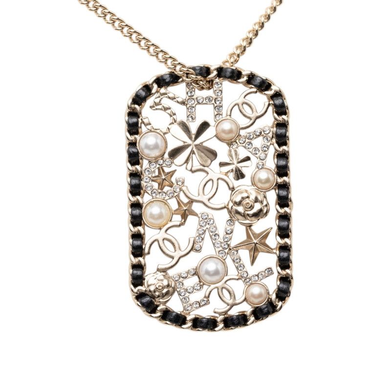 Chanel CC Logo Clover Camellia Chain Necklace Gold Black Plated Faux Pearl