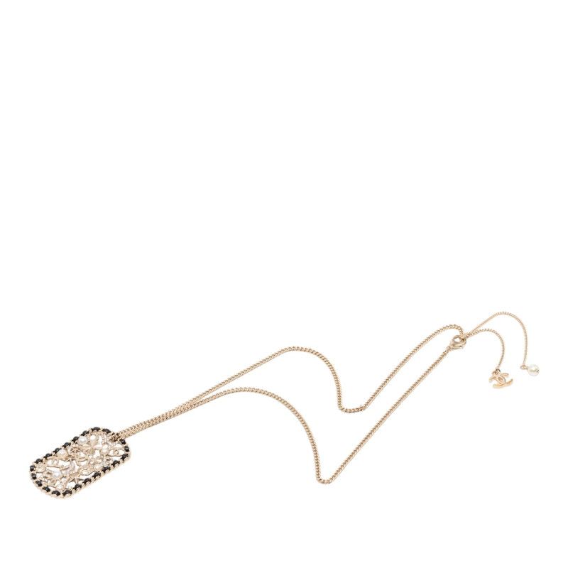 Chanel CC Logo Clover Camellia Chain Necklace Gold Black Plated Faux Pearl — view 3