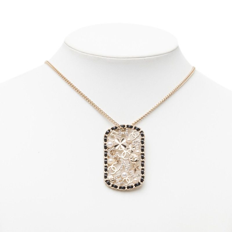Chanel CC Logo Clover Camellia Chain Necklace Gold Black Plated Faux Pearl — view 5
