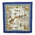 Hermes Carre 90 L'hiver Winter Fire Scarf Blue Ivory Multicolor Silk
