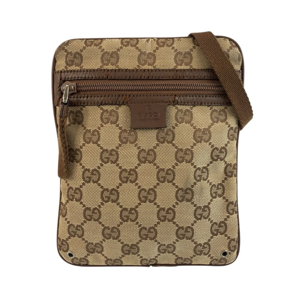 Gucci Brown Beige GG Canvas Leather Shoulder Bag Pochette