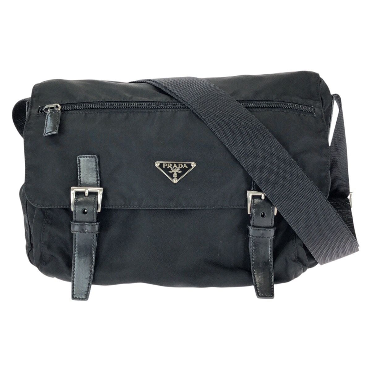 Prada Tessuto Black Silver Nylon Leather Shoulder