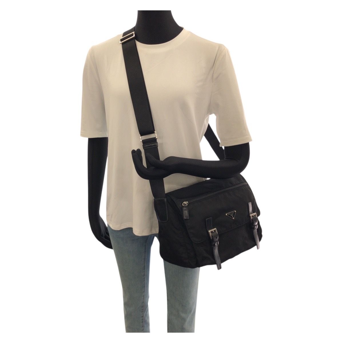 Prada Tessuto Black Silver Nylon Leather Shoulder — view 7